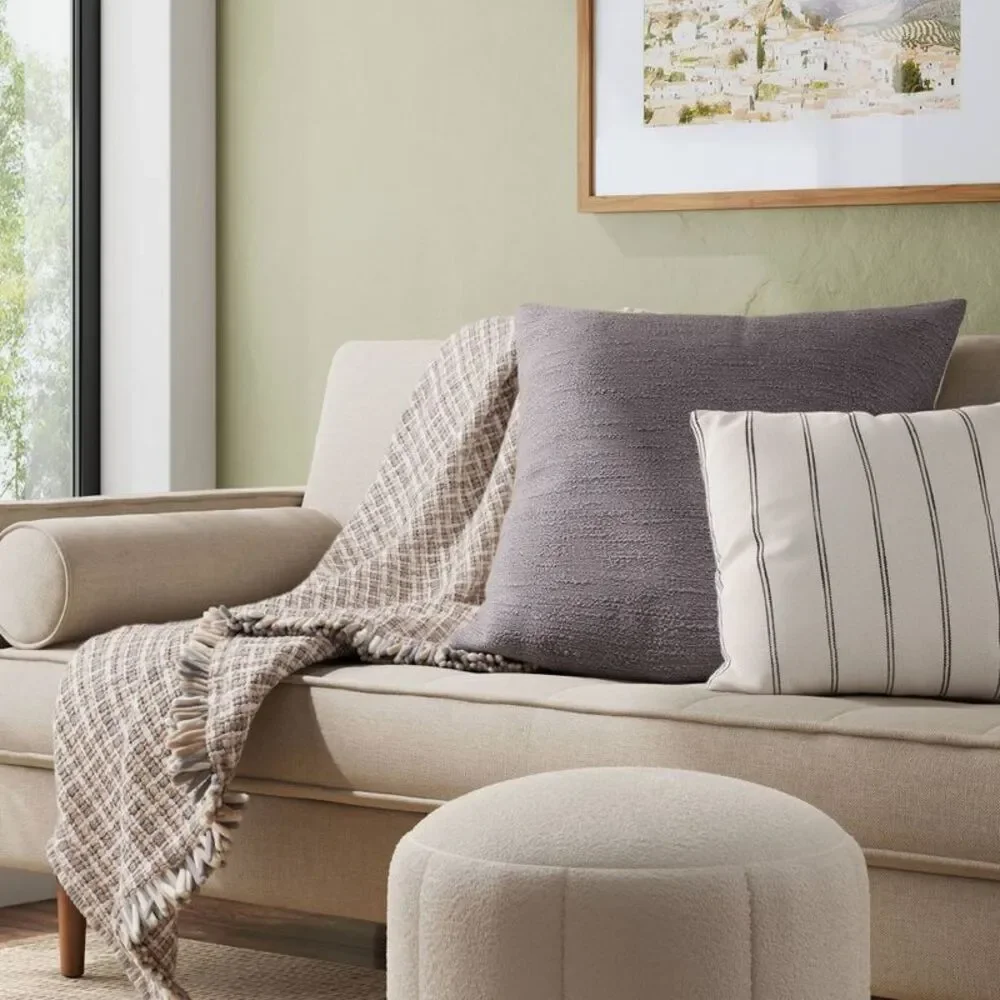 Oversized Square Cotton Boucle Reversible Throw Pillow with Linen Gray